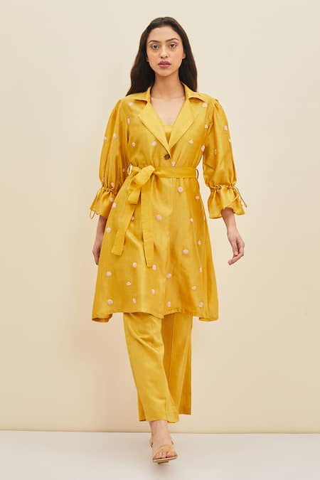 Buy Meadow Yellow Silk, Cotton Chanderi Floral Notched Daffodil Embroidered Coat Dress Online at Aza Fashions Buy_Meadow_Yellow Silk, Cotton Chanderi Floral Notched Daffodil Embroidered Coat Dress_Online_at_Aza_Fashions
