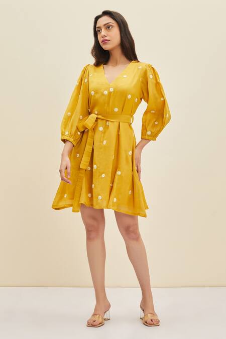 Meadow_Yellow Silk, Cotton Organza Floral V Neck Daffodil Embroidered Dress_Online_at_Aza_Fashions