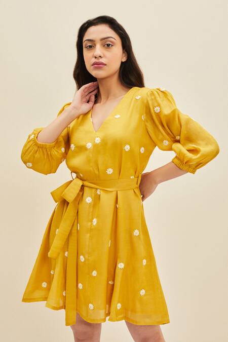 Shop_Meadow_Yellow Silk, Cotton Organza Floral V Neck Daffodil Embroidered Dress_Online_at_Aza_Fashions