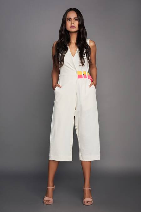 Deepika Arora White Ponte Roma V Neck Overlap Jumpsuit