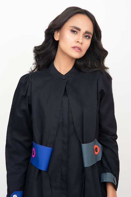 Buy_Deepika Arora_Black 100% Cotton Mandarin Collar Jacket And Pant Set_Online_at_Aza_Fashions