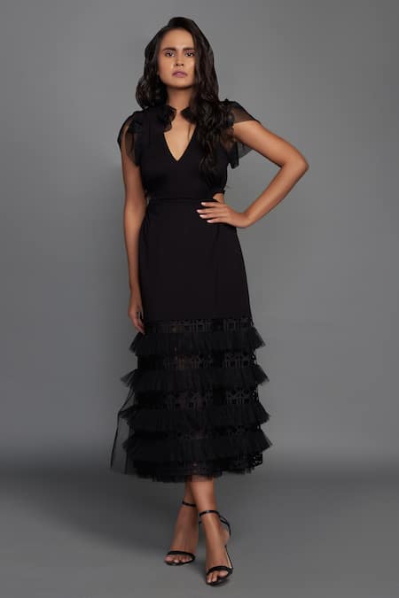 Deepika Arora Black Ponte Roma Embroidery V Neck Layered Dress 