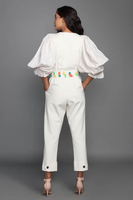 Shop Deepika Arora White Cotton, Ponte, Roma V Neck Oversized Sleeve Jumpsuit With Belt at Aza Fashions Shop_Deepika Arora_White Cotton, Ponte, Roma V Neck Oversized Sleeve Jumpsuit With Belt_at_Aza_Fashions