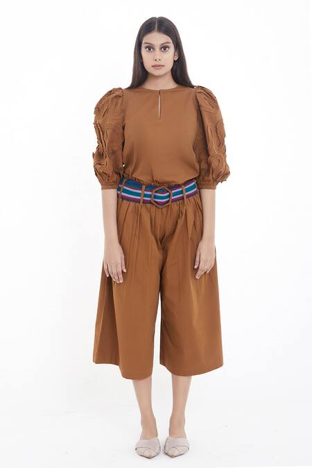 Buy Brown Puff Sleeve Top And Culottes Set For Women by Deepika