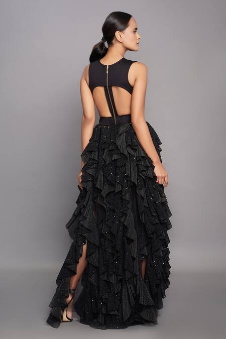 Deepika Arora Black Ponte Roma Embroidery Round Ruffle Dress For Women