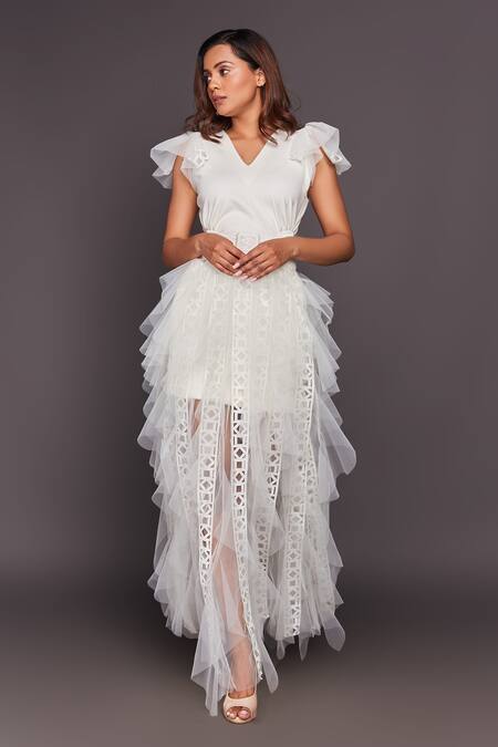 Deepika Arora White Roma Cutwork, Sequins V Neck Ruffle Gown With Belt