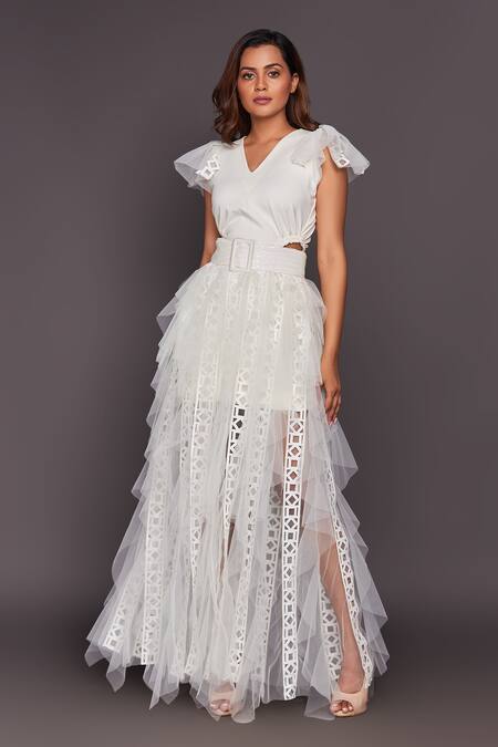 Deepika Arora_White Roma Cutwork, Sequins V Neck Ruffle Gown With Belt_Online_at_Aza_Fashions
