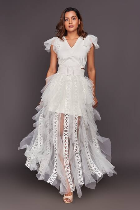 Buy_Deepika Arora_White Roma Cutwork, Sequins V Neck Ruffle Gown With Belt_Online_at_Aza_Fashions