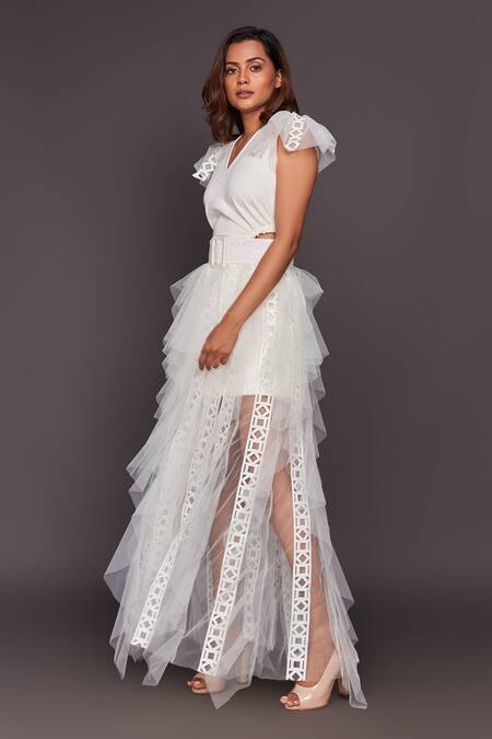 Shop_Deepika Arora_White Roma Cutwork, Sequins V Neck Ruffle Gown With Belt_Online_at_Aza_Fashions