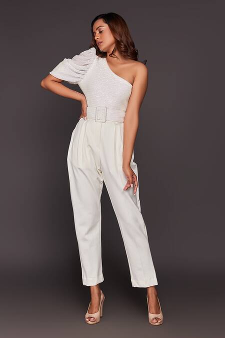 Deepika Arora_White Roma Sequins One Shoulder Bodysuit And Pant Set_Online_at_Aza_Fashions