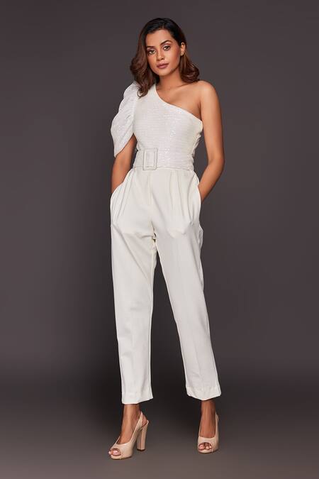 Buy_Deepika Arora_White Roma Sequins One Shoulder Bodysuit And Pant Set_Online_at_Aza_Fashions