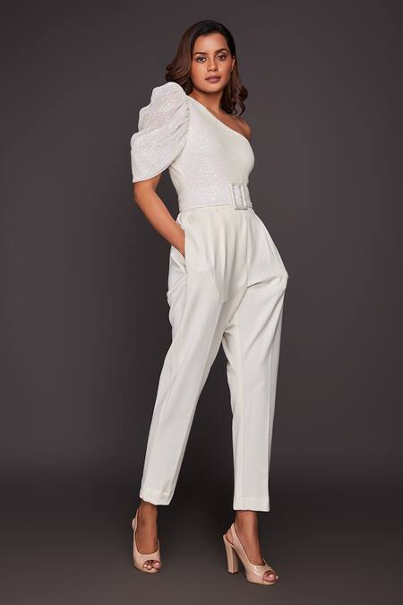 Shop_Deepika Arora_White Roma Sequins One Shoulder Bodysuit And Pant Set_Online_at_Aza_Fashions