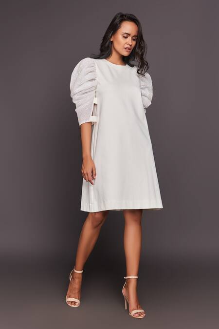 Deepika Arora_White Roma, Sequin Fabric Round Puff Sleeve Shift Dress_Online_at_Aza_Fashions