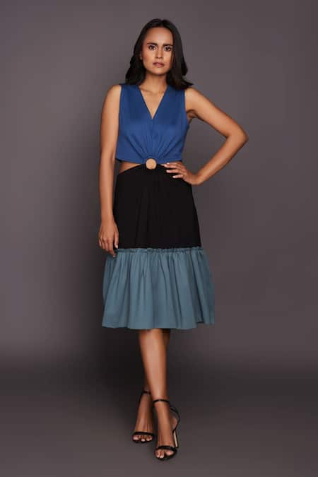 Buy Blue Ponte Roma Colour Block V Neck Cutout Tiered Dress For