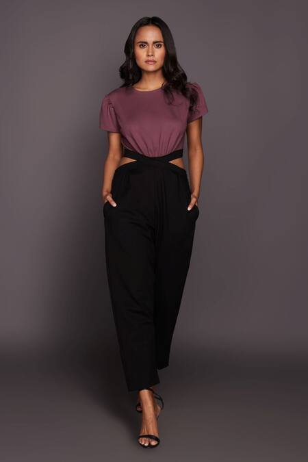 Buy Deepika Arora Black Ponte Roma Cutwork High Neck Color Block Cutout Jumpsuit at Aza Fashions Buy_Deepika Arora_Black Ponte Roma Cutwork High Neck Color Block Cutout Jumpsuit_at_Aza_Fashions