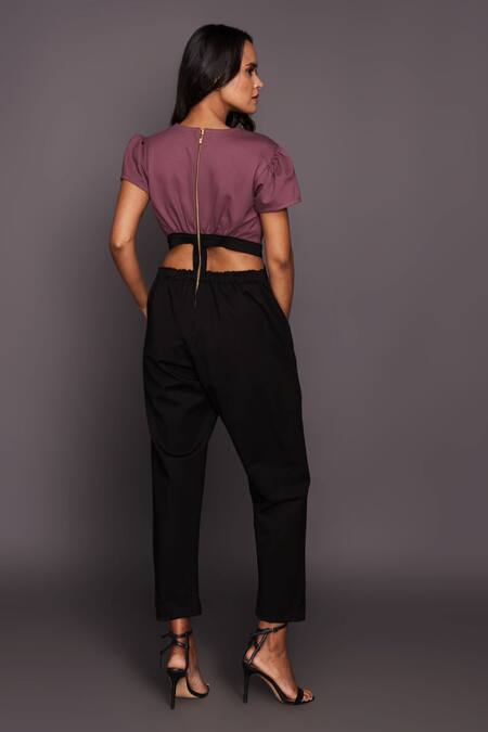 Shop Deepika Arora Black Ponte Roma Cutwork High Neck Color Block Cutout Jumpsuit at Aza Fashions Shop_Deepika Arora_Black Ponte Roma Cutwork High Neck Color Block Cutout Jumpsuit_at_Aza_Fashions