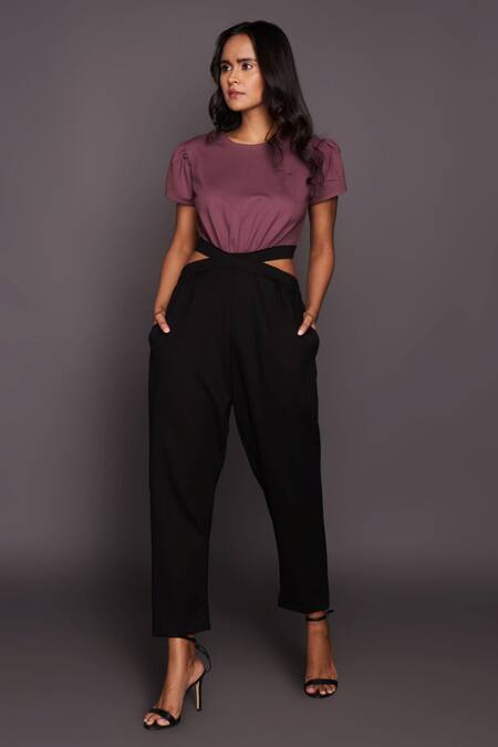 Deepika Arora Black Ponte Roma Cutwork High Neck Color Block Cutout Jumpsuit Online at Aza Fashions Deepika Arora_Black Ponte Roma Cutwork High Neck Color Block Cutout Jumpsuit_Online_at_Aza_Fashions