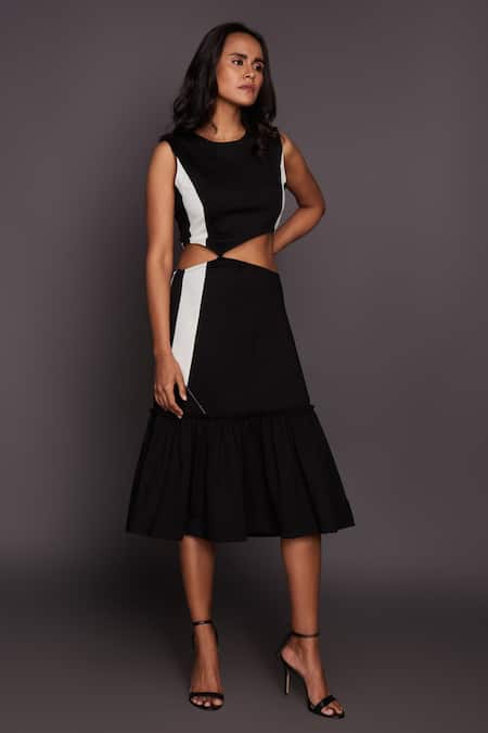 Buy_Deepika Arora_Black Ponte Roma Striped High Neck Cutout Ruffle Hem Dress_Online_at_Aza_Fashions