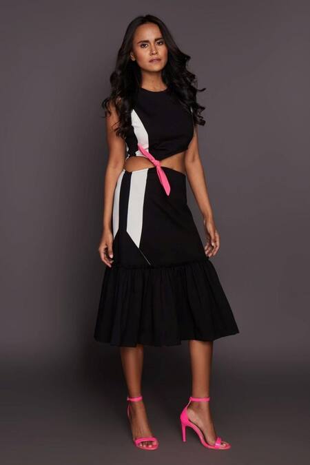 Shop_Deepika Arora_Black Ponte Roma Striped High Neck Cutout Ruffle Hem Dress_Online_at_Aza_Fashions