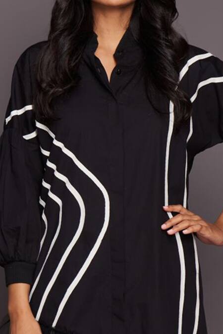 Shop_Deepika Arora_Black Cotton, Net Striped Collared Neck Ruffle Shirt Dress_Online_at_Aza_Fashions