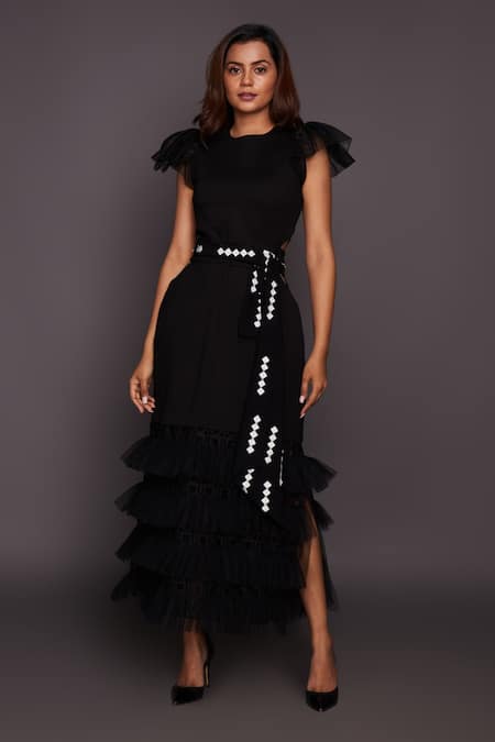 Deepika Arora Black Ponte Roma Plain Ruffle High Neck Back Open Dress With Belt 