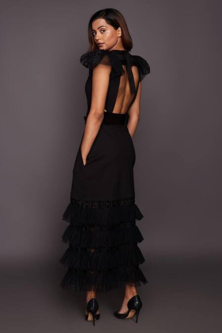 Shop Deepika Arora Black Net, Ponte Roma Ruffle High Neck Back Open Dress With Belt at Aza Fashions Shop_Deepika Arora_Black Net, Ponte Roma Ruffle High Neck Back Open Dress With Belt_at_Aza_Fashions