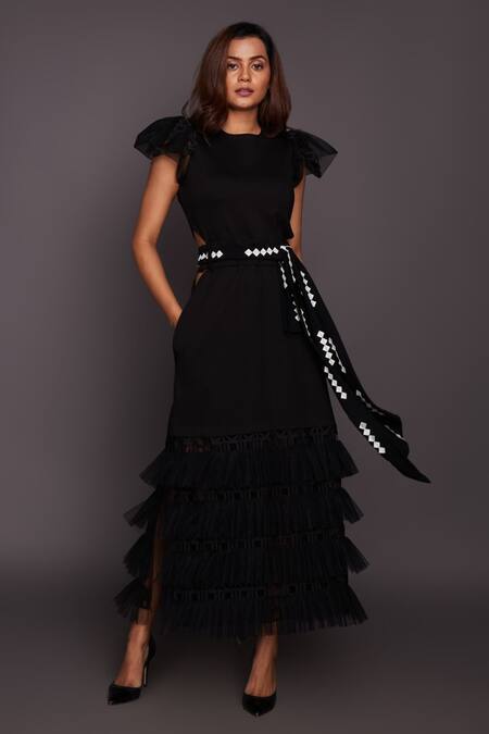 Shop Deepika Arora Black Net, Ponte Roma Ruffle High Neck Back Open Dress With Belt Online at Aza Fashions Shop_Deepika Arora_Black Net, Ponte Roma Ruffle High Neck Back Open Dress With Belt_Online_at_Aza_Fashions