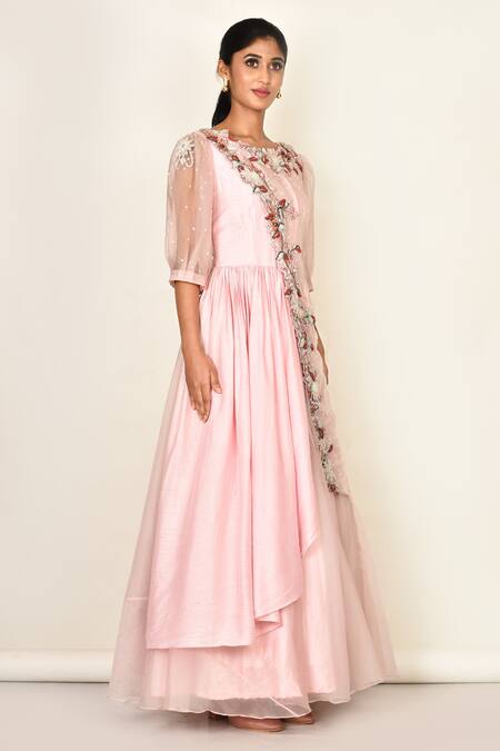 Khwaab By Sanjana Lakhani_Pink Silk Embroidered Floral Motifs Round Layered Anarkali_Online_at_Aza_Fashions