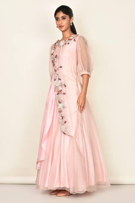 Buy_Khwaab By Sanjana Lakhani_Pink Silk Embroidered Floral Motifs Round Layered Anarkali_Online_at_Aza_Fashions