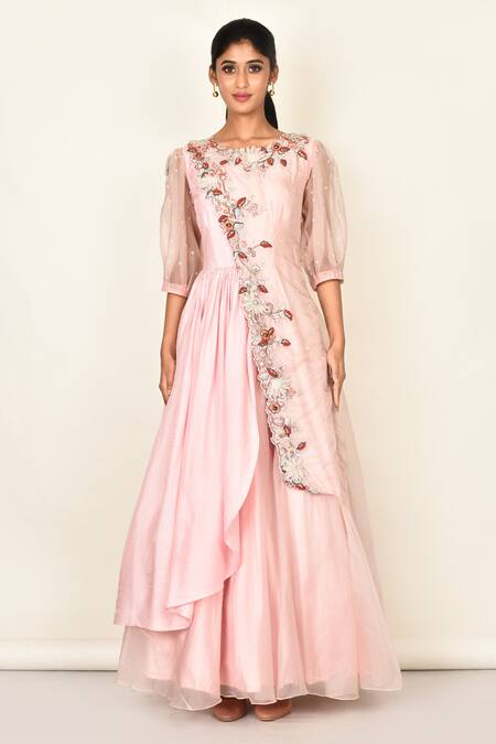 Shop_Khwaab By Sanjana Lakhani_Pink Silk Embroidered Floral Motifs Round Layered Anarkali_Online_at_Aza_Fashions