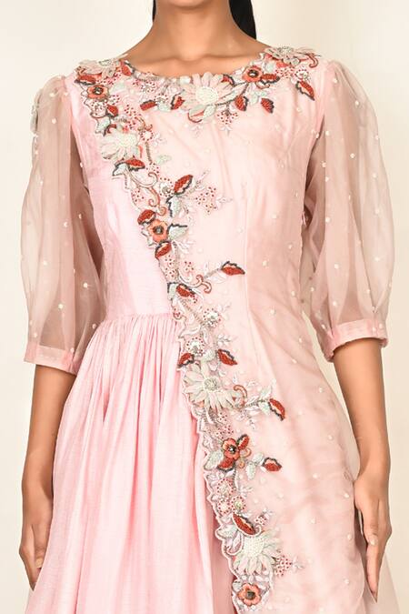 Khwaab By Sanjana Lakhani_Pink Silk Embroidered Floral Motifs Round Layered Anarkali_at_Aza_Fashions