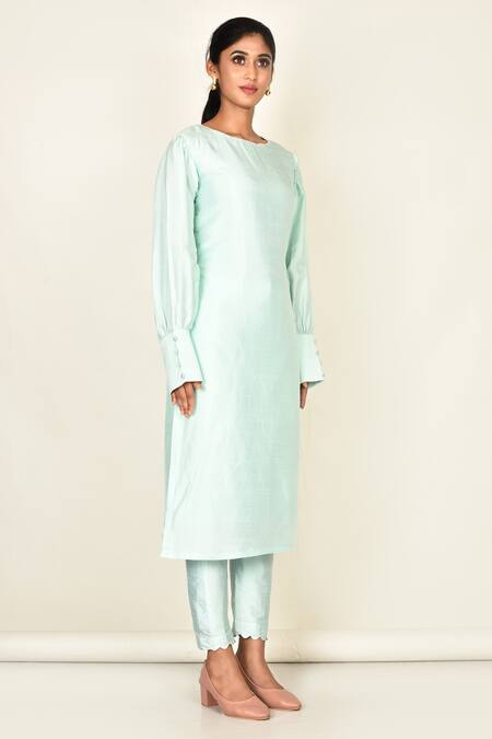 Khwaab By Sanjana Lakhani_Blue Bamber Silk Plain Round Puffed Sleeve Kurta And Pant Set_Online_at_Aza_Fashions