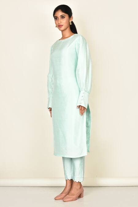 Buy_Khwaab By Sanjana Lakhani_Blue Bamber Silk Plain Round Puffed Sleeve Kurta And Pant Set_Online_at_Aza_Fashions