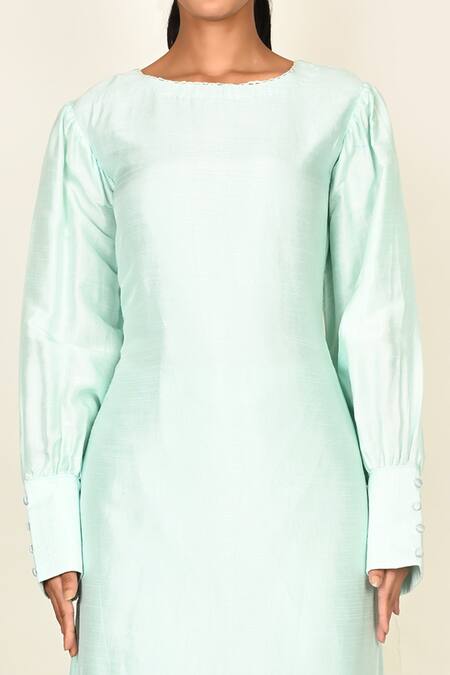 Khwaab By Sanjana Lakhani_Blue Bamber Silk Plain Round Puffed Sleeve Kurta And Pant Set_at_Aza_Fashions