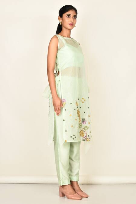 Khwaab By Sanjana Lakhani_Green Silk Embroidered Floral Motifs Round Mint Kurta Set_Online_at_Aza_Fashions