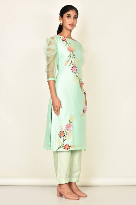 Khwaab By Sanjana Lakhani_Green Bamber Silk Embroidered Floral Motifs Round Kurta And Pant Set_Online_at_Aza_Fashions