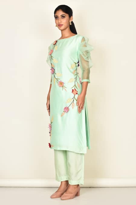 Buy_Khwaab By Sanjana Lakhani_Green Bamber Silk Embroidered Floral Motifs Round Kurta And Pant Set_Online_at_Aza_Fashions