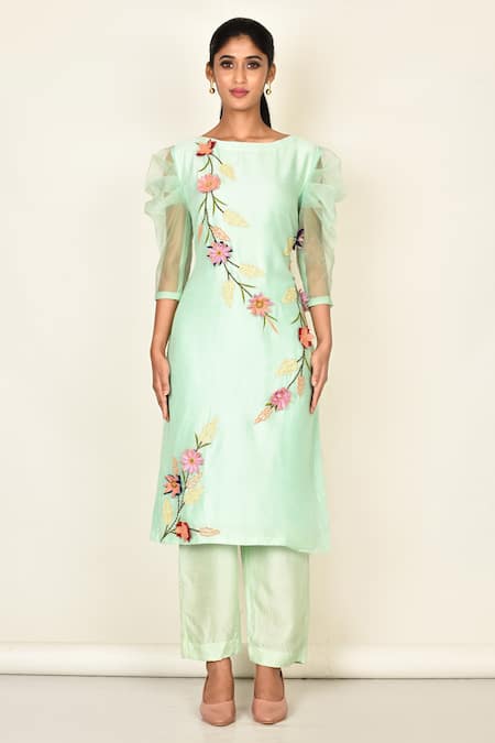 Shop_Khwaab By Sanjana Lakhani_Green Bamber Silk Embroidered Floral Motifs Round Kurta And Pant Set_Online_at_Aza_Fashions