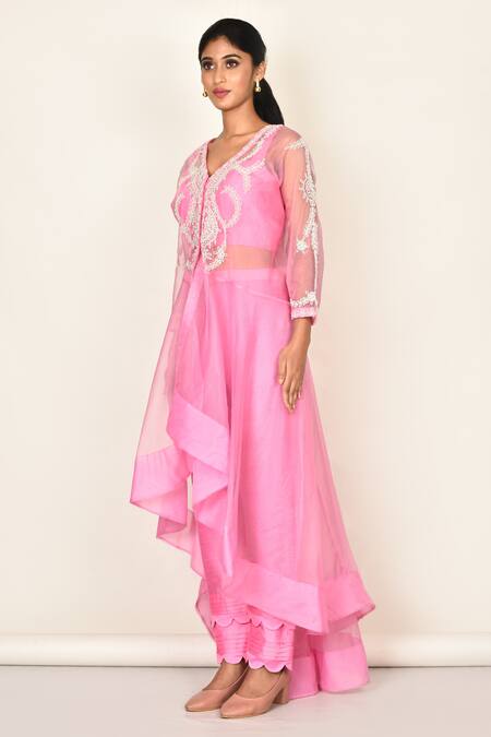 Khwaab By Sanjana Lakhani_Pink Silk Embroidered Floral Jacket V Neck Bead And Pant Set_Online_at_Aza_Fashions