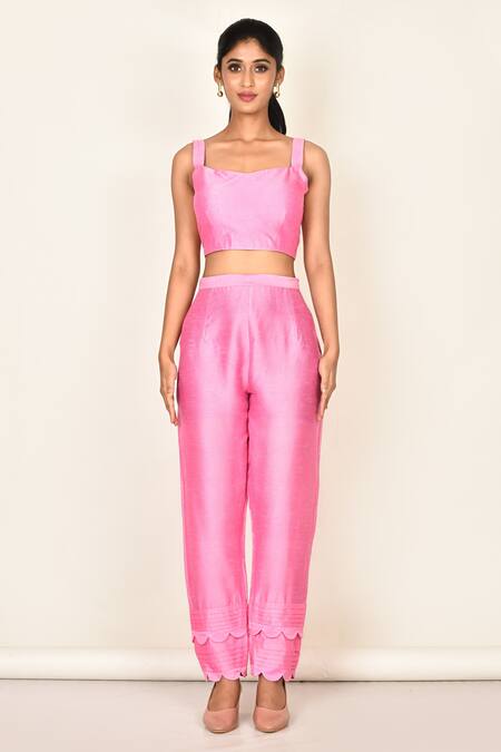 Buy_Khwaab By Sanjana Lakhani_Pink Silk Embroidered Floral Jacket V Neck Bead And Pant Set_Online_at_Aza_Fashions