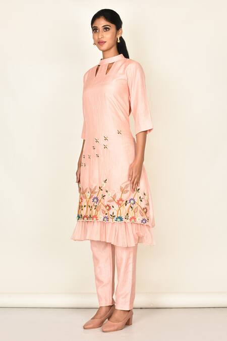 Khwaab By Sanjana Lakhani_Peach Silk Embroidered Floral Motifs Round Kurta Set_Online_at_Aza_Fashions
