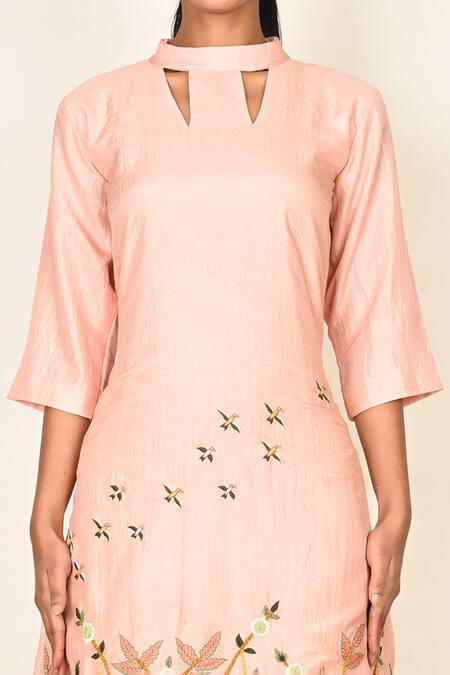 Shop_Khwaab By Sanjana Lakhani_Peach Silk Embroidered Floral Motifs Round Kurta Set_Online_at_Aza_Fashions