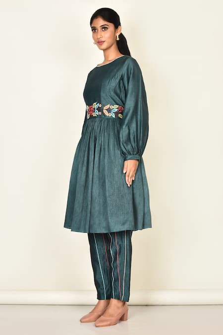 Khwaab By Sanjana Lakhani_Green Bamber Silk Embroidered Floral Motifs Round Kurta And Striped Pant Set_Online_at_Aza_Fashions