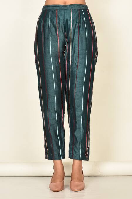 Shop_Khwaab By Sanjana Lakhani_Green Bamber Silk Embroidered Floral Motifs Round Kurta And Striped Pant Set_Online_at_Aza_Fashions