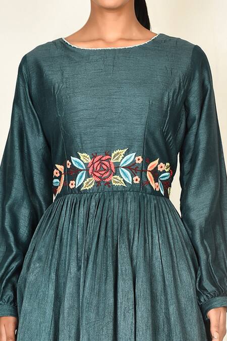 Khwaab By Sanjana Lakhani_Green Bamber Silk Embroidered Floral Motifs Round Kurta And Striped Pant Set_at_Aza_Fashions