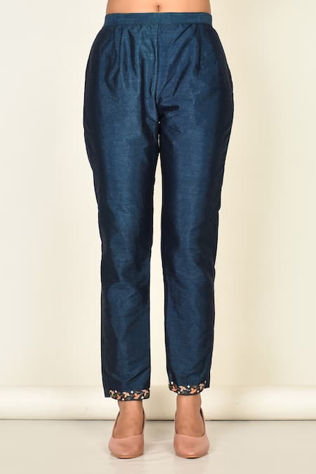 Shop_Khwaab By Sanjana Lakhani_Blue Bamber Silk Embroidered Floral Motifs V Neck Kurta Set_Online_at_Aza_Fashions