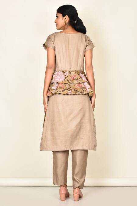 Shop Khwaab By Sanjana Lakhani Brown Bamber Silk Embroidered Floral Motifs Boat Kurta Set at Aza Fashions Shop_Khwaab By Sanjana Lakhani_Brown Bamber Silk Embroidered Floral Motifs Boat Kurta Set_at_Aza_Fashions