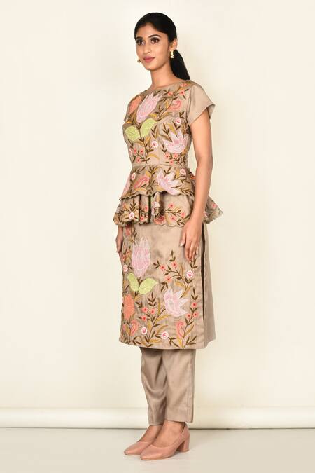 Khwaab By Sanjana Lakhani Brown Bamber Silk Embroidered Floral Motifs Boat Kurta Set Online at Aza Fashions Khwaab By Sanjana Lakhani_Brown Bamber Silk Embroidered Floral Motifs Boat Kurta Set_Online_at_Aza_Fashions