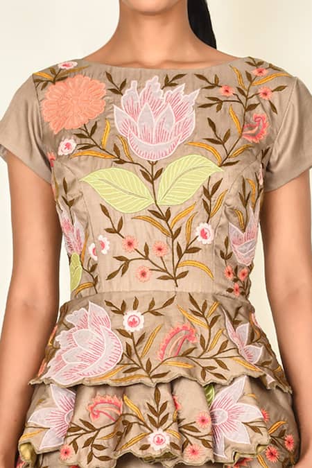 Shop Khwaab By Sanjana Lakhani Brown Bamber Silk Embroidered Floral Motifs Boat Kurta Set Online at Aza Fashions Shop_Khwaab By Sanjana Lakhani_Brown Bamber Silk Embroidered Floral Motifs Boat Kurta Set_Online_at_Aza_Fashions