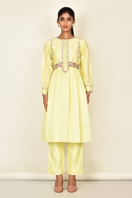 Buy_Khwaab By Sanjana Lakhani_Yellow Bamber Silk Embroidered Floral Motifs Round Anarkali Set_Online_at_Aza_Fashions